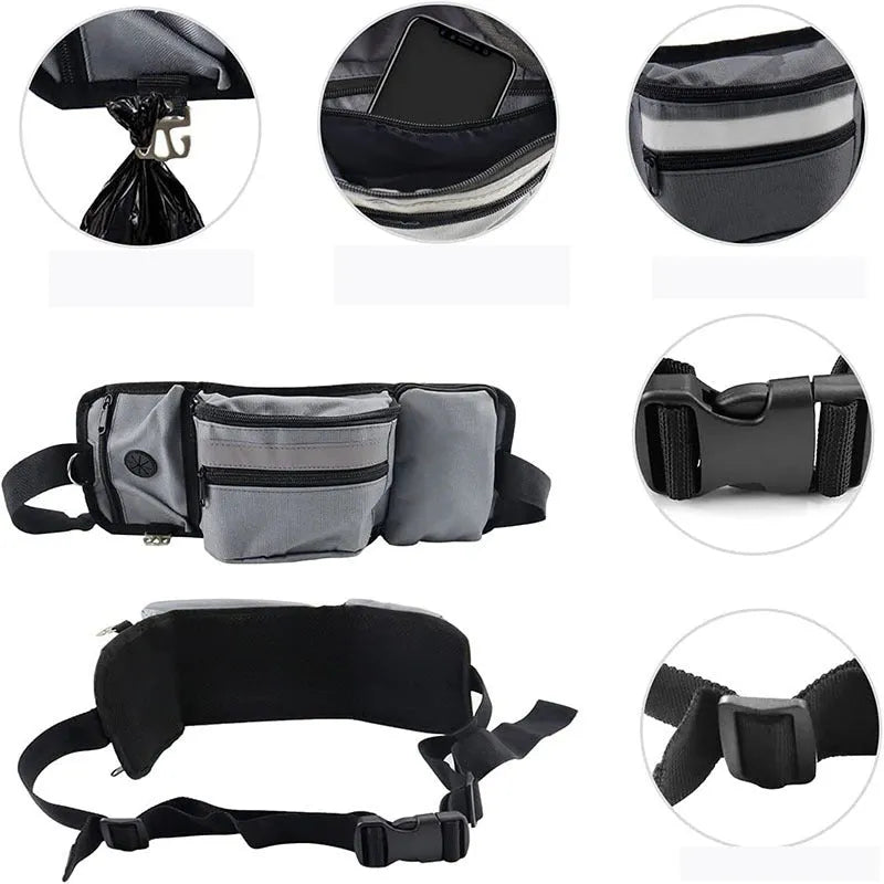 Multifunctional polyester striped pet fanny pack for running and dog training in black and grey