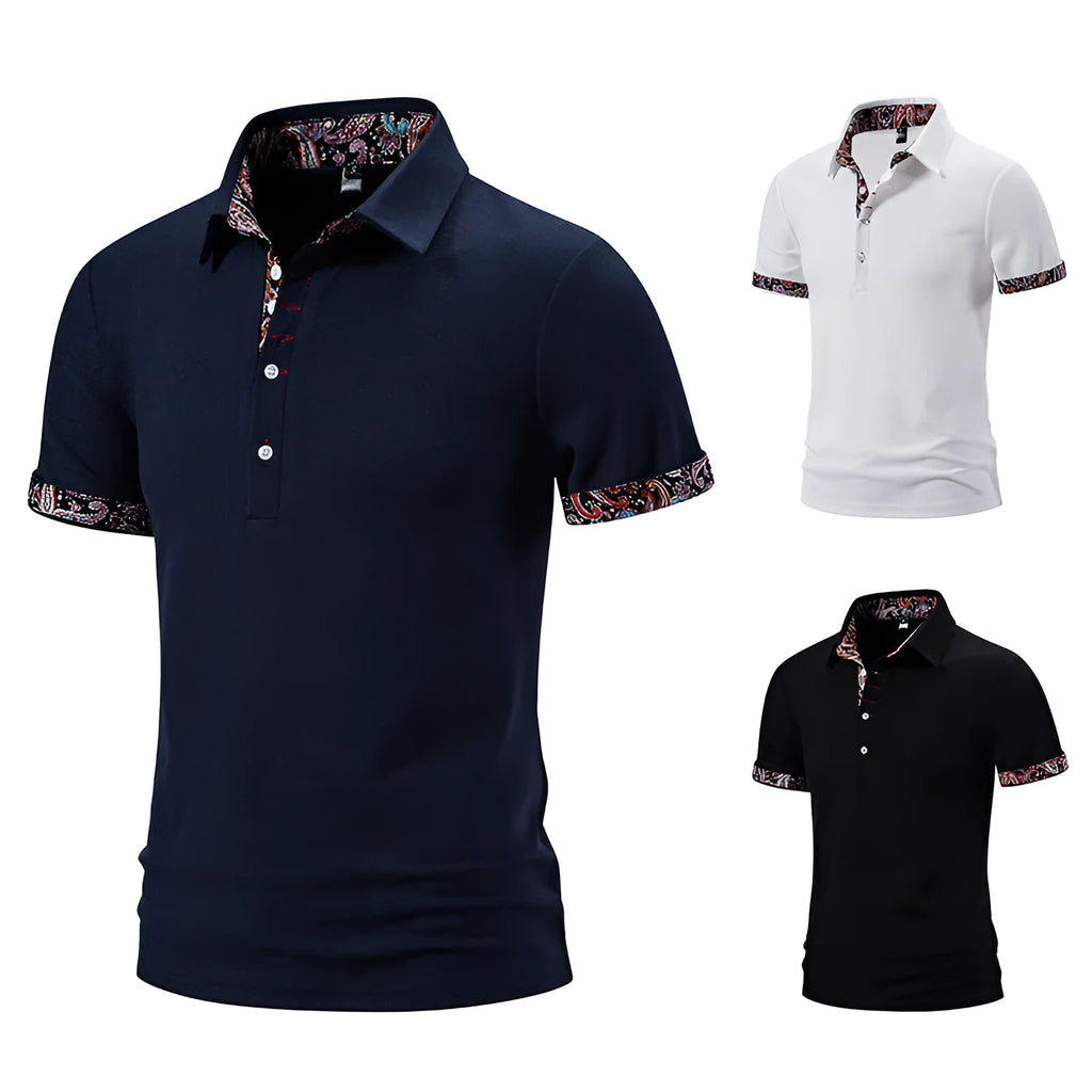 Men's cotton blend polo shirt with turnover collar and colour stitching in three colour options