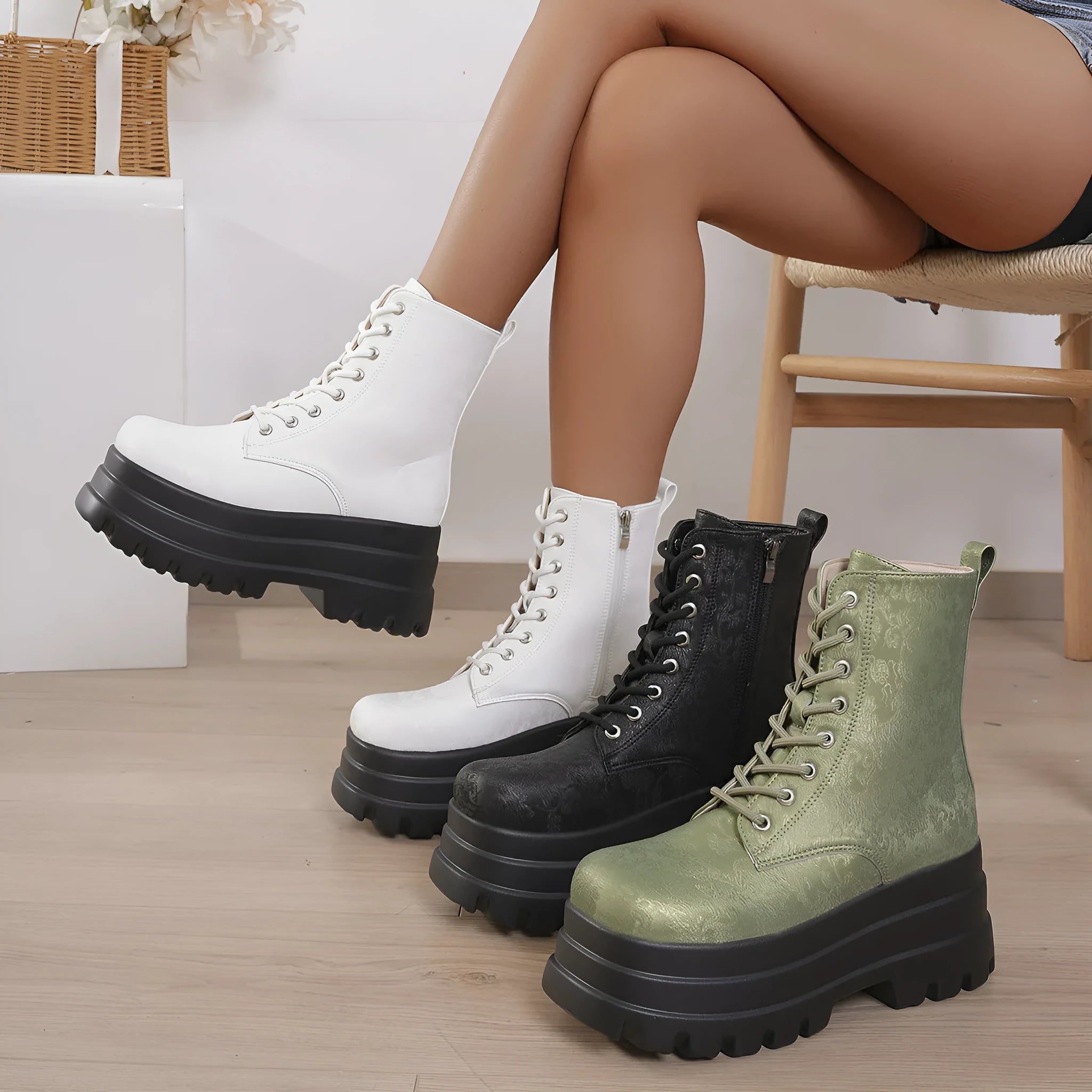Women's white platform boots with patchwork design and chunky heel