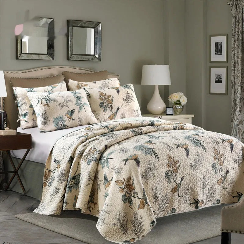 Pure cotton quilted bed cover with reactive printed pattern on bed