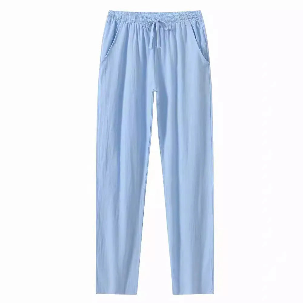 Men's cotton and linen loose beach trousers in solid khaki colour