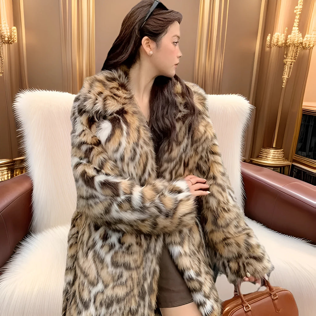 Faux fur coat with fox pattern styling and fur collar in long coat style