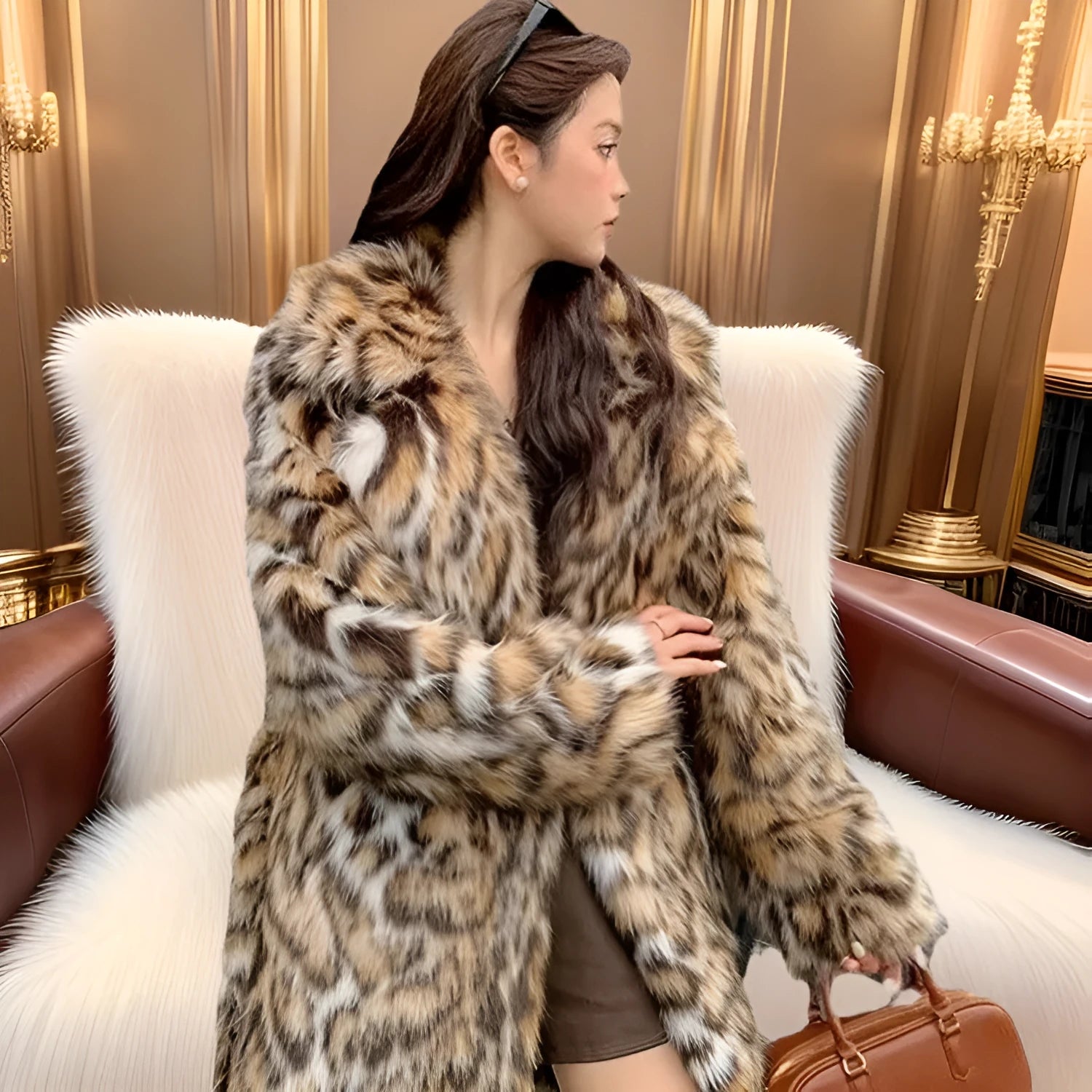 Faux fur coat with fox pattern styling and fur collar in long coat style