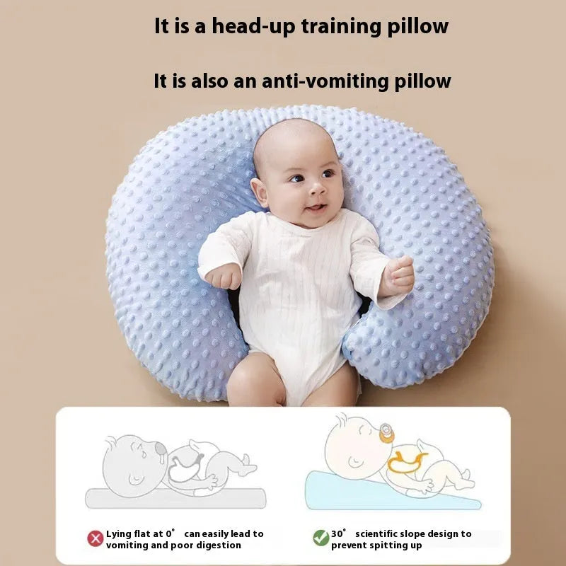 Nursing pillow with milk spilt prevention design in grey, light blue, pink, and yellow colour options