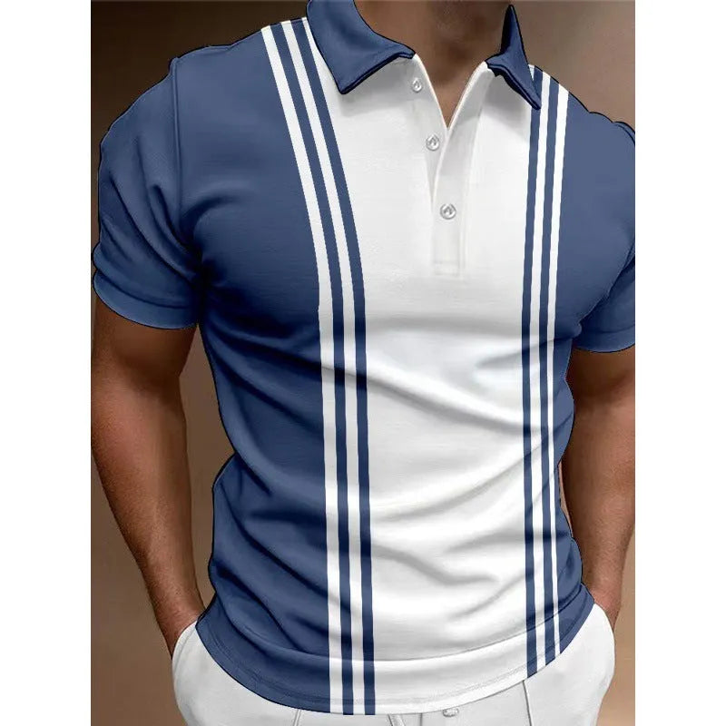 Casual men's T-shirt with three-button lapel in khaki colour, loose fit, short sleeves