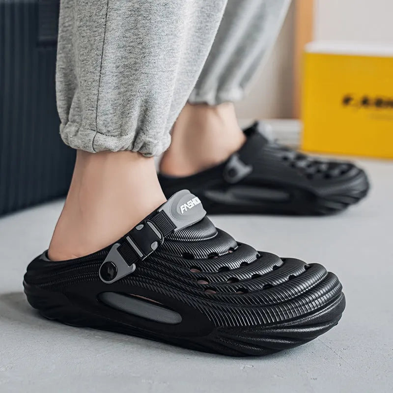 Men's casual platform slippers in solid colour with hollow-out EVA upper, size 40/41