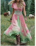 Women's loose all-match creative pattern totem deep V short sleeve dress in artistic retro style, polyester long skirt