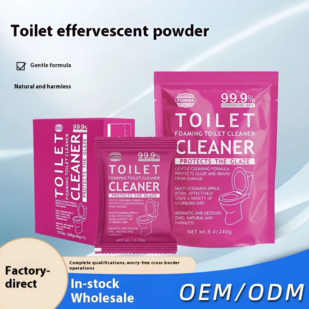 Box and bag of toilet cleaning bubble powder in blue and pink fragrances for descaling.