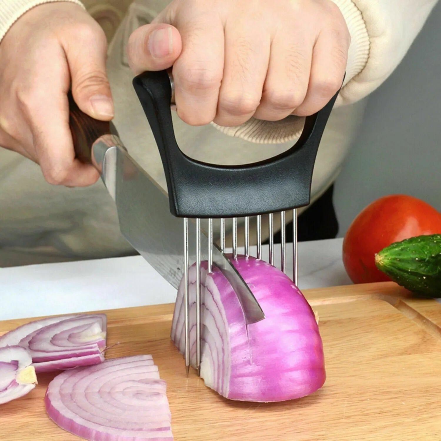 Stainless Steel Food Slice Assistant Onion Holder Slicer Tomato Cutter with NonSlip Handle 14cm x 9.5mm Kitchen Tool for Fixing and Dividing Food Materials