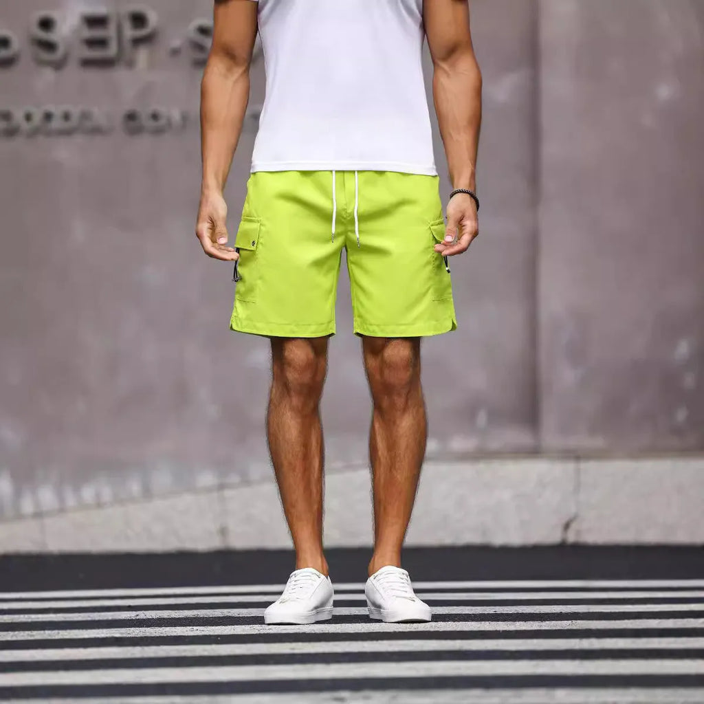 Men's loose fit work shorts in cool silk cotton polyester fabric, available in fluorescent green and army green colours