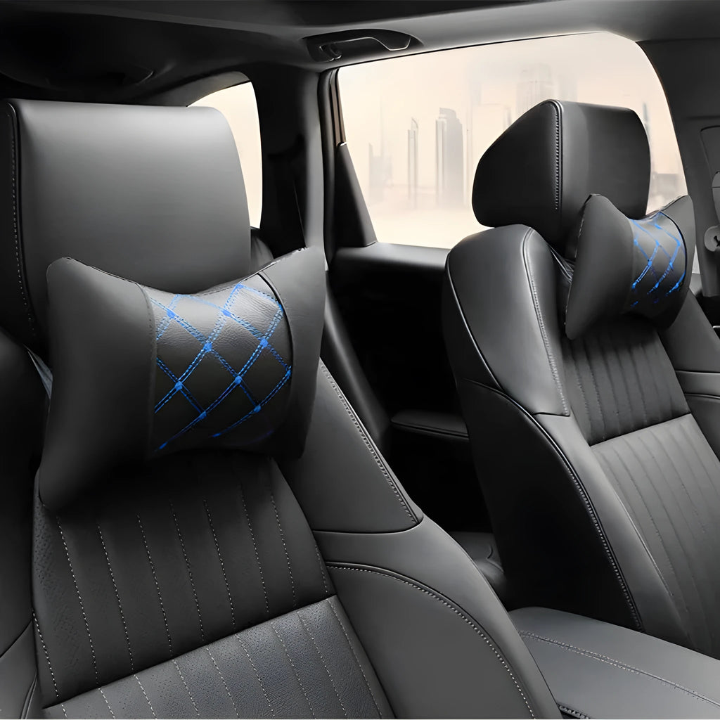 Black quilted artificial leather car headrest pillow with choice of coloured stitching for cervical support