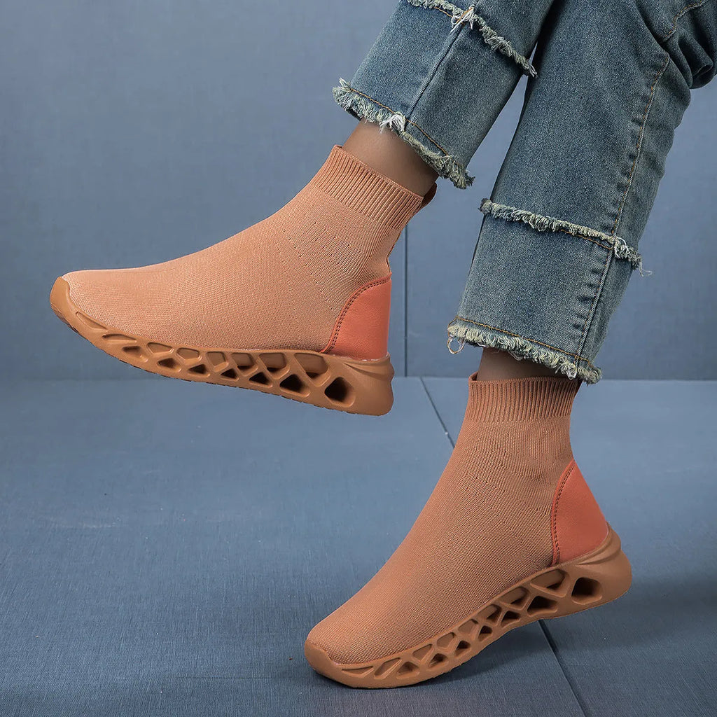 Women's high-top casual stretch socks ankle sock boots in solid colour mesh upper low-top flat heel