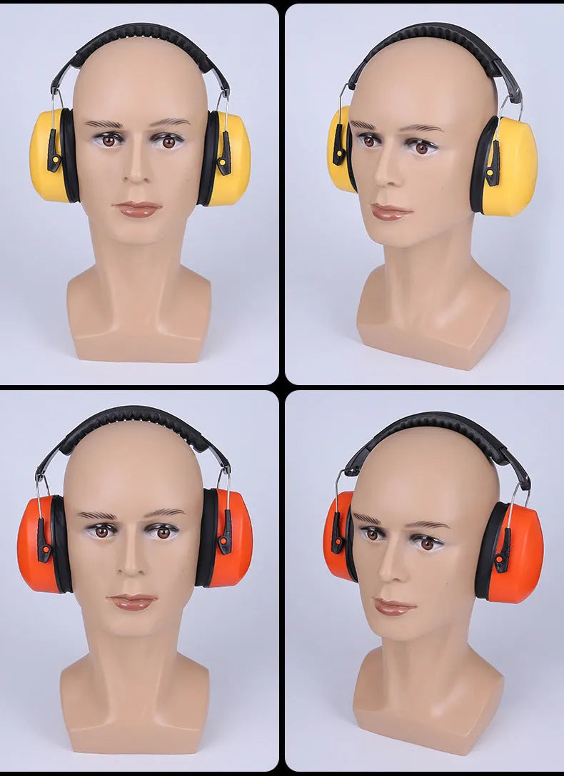 Orange adjustable noise-canceling headphones and protective earmuffs with breathable ear cushions