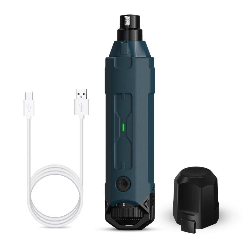Dark blue pet 6-speed nail grinding device with LED light and fine grinding head on a white background