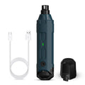 Dark blue pet 6-speed nail grinding device with LED light and fine grinding head on a white background