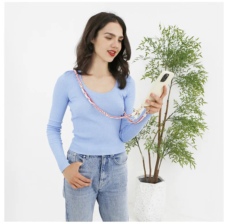 Hand-woven cotton mobile phone charm crossbody strap with alloy connectors in bohemian vintage pastoral style, available in multiple colours.