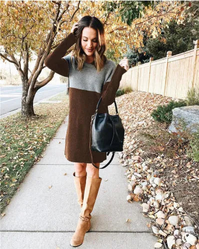 Brown women's sweater dress with patchwork collar detail and long sleeves