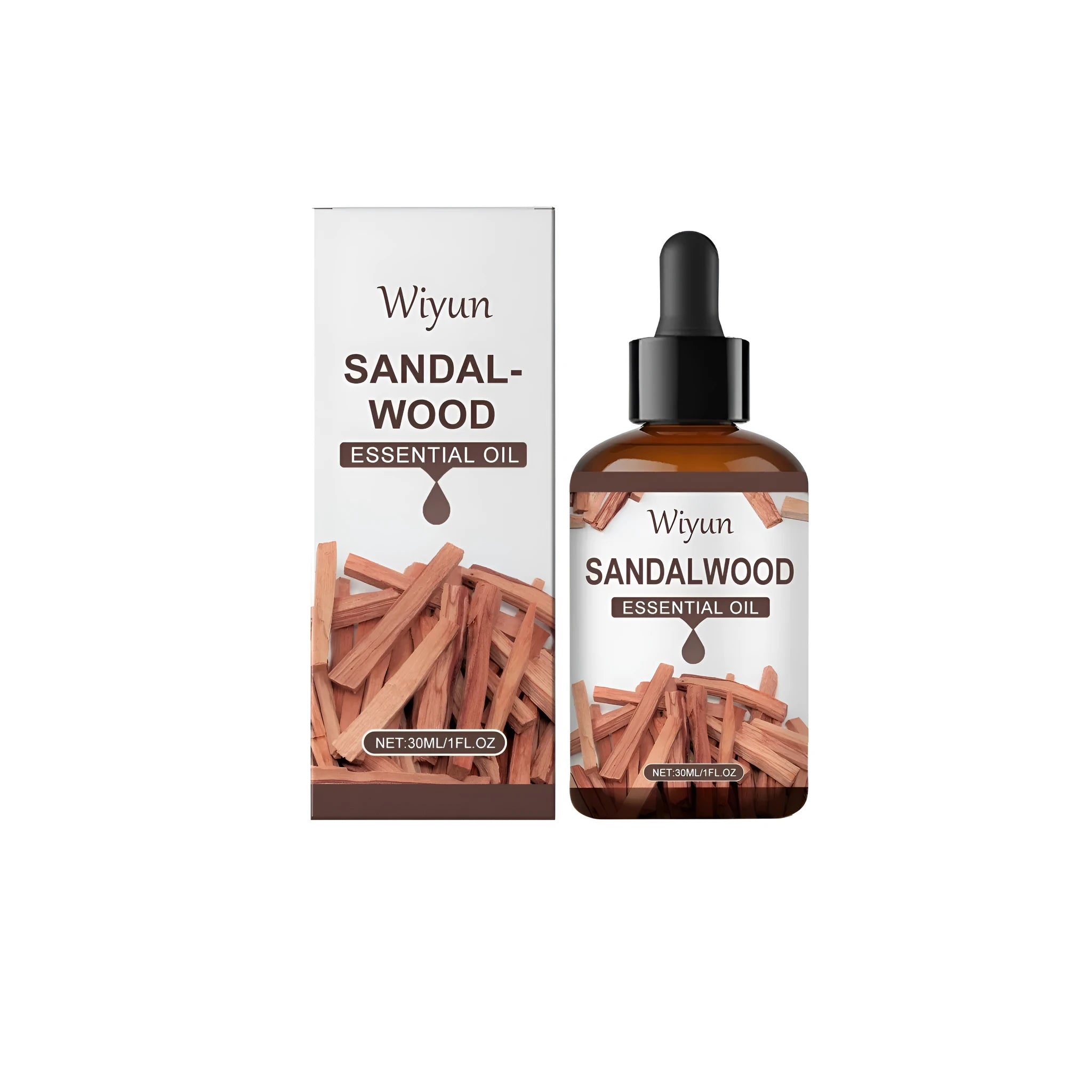 30ml glass bottle of sandalwood fragrance essential oil blend with a dropper.