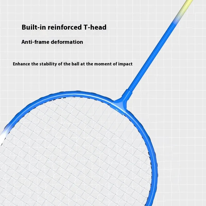 A pair of blue and red alloy badminton rackets with a split design for portability.