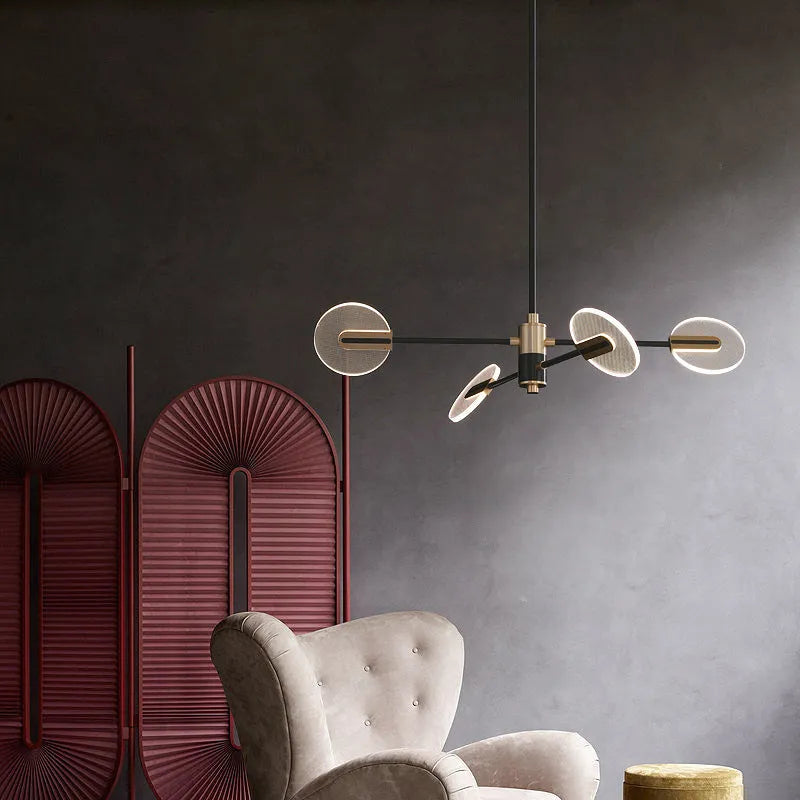 Modern iron and acrylic LED chandelier pendant light with multiple heads for ceiling installation.