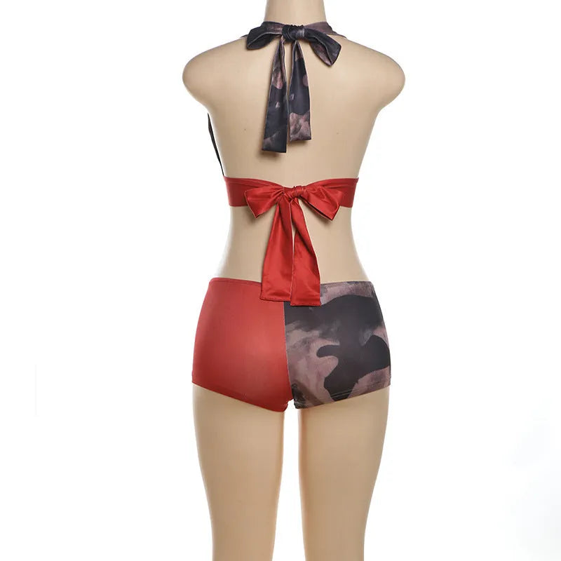 Women's high waist hip lift printed shorts swimsuit set in red with 3D effect pattern