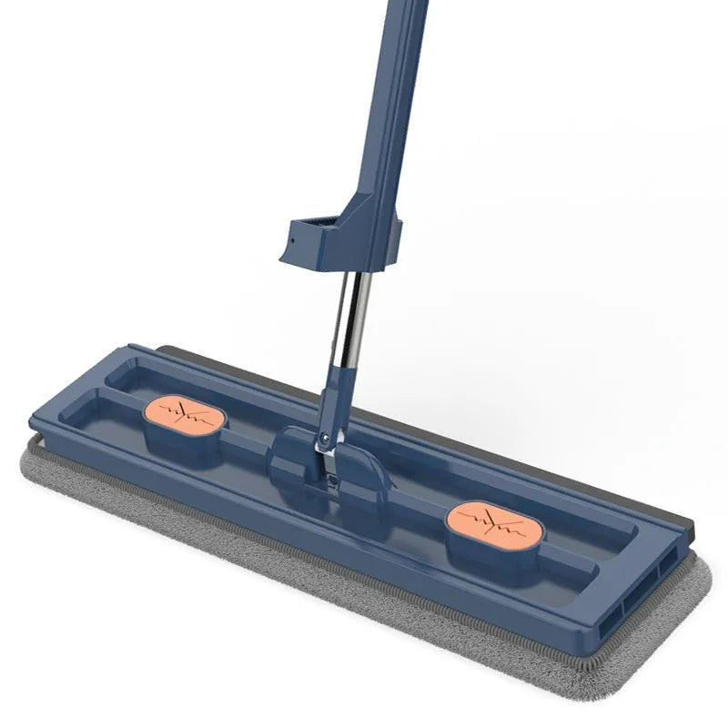 Large flat mop with rotating blue head on stainless steel handle next to white and blue cleaning cloths