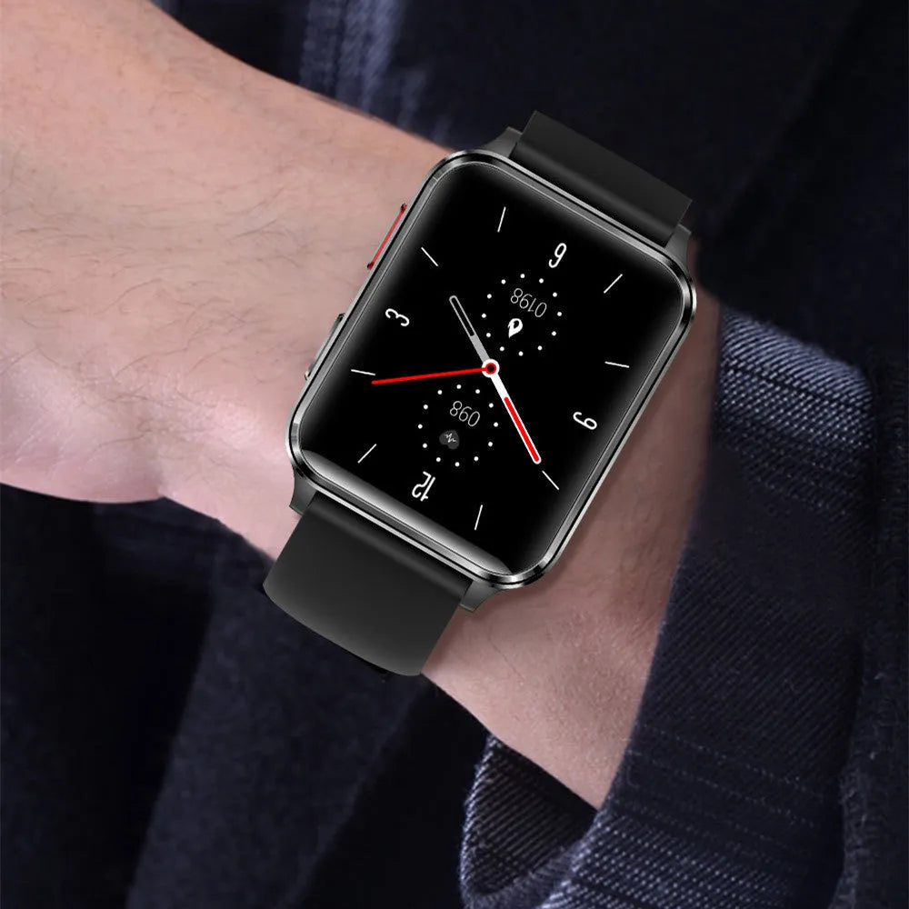 Multi-sport watch with heart rate monitoring on blue silicone wristband showing 1.70-inch screen