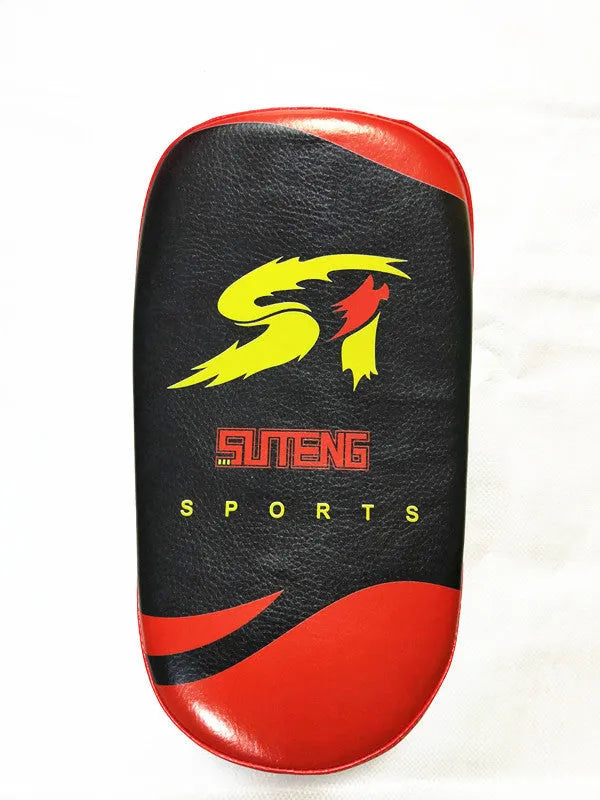 Black and red square hand-held martial arts foot target pad with buckle straps.