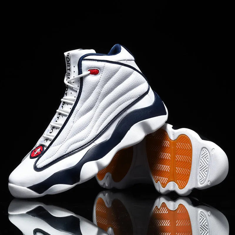 Men's high-top basketball shoes with thick rubber sole and mesh upper in white and red colourway.