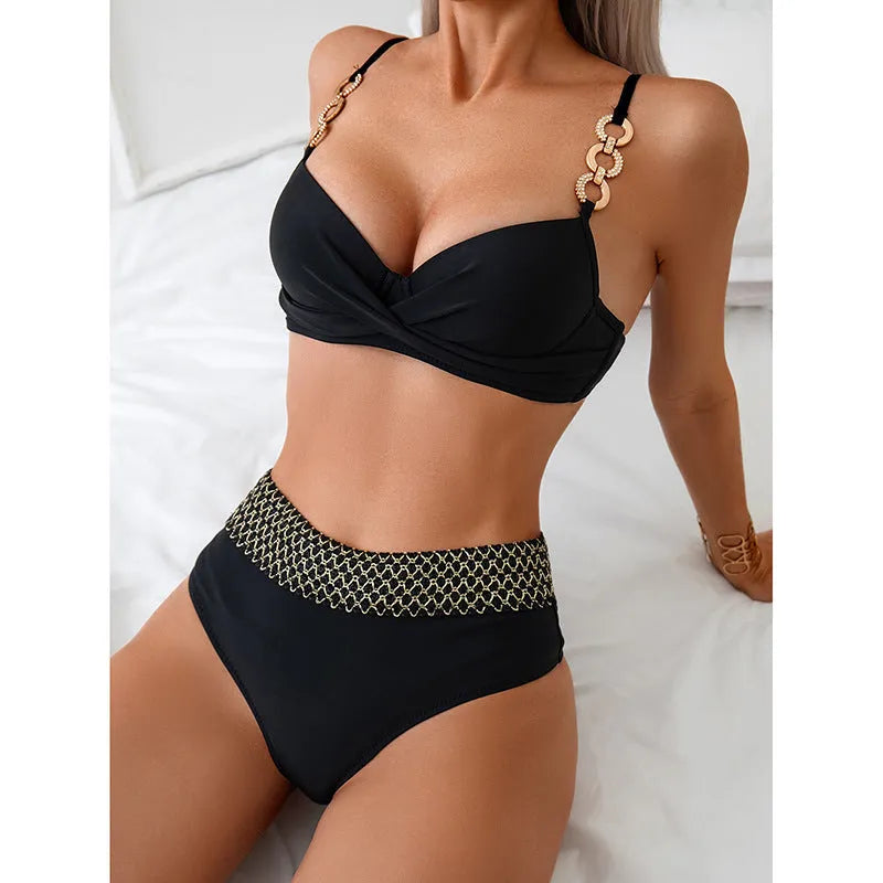 Black European and American bikini split swimsuit in polyester fibre, sleeveless brief style, shown flat