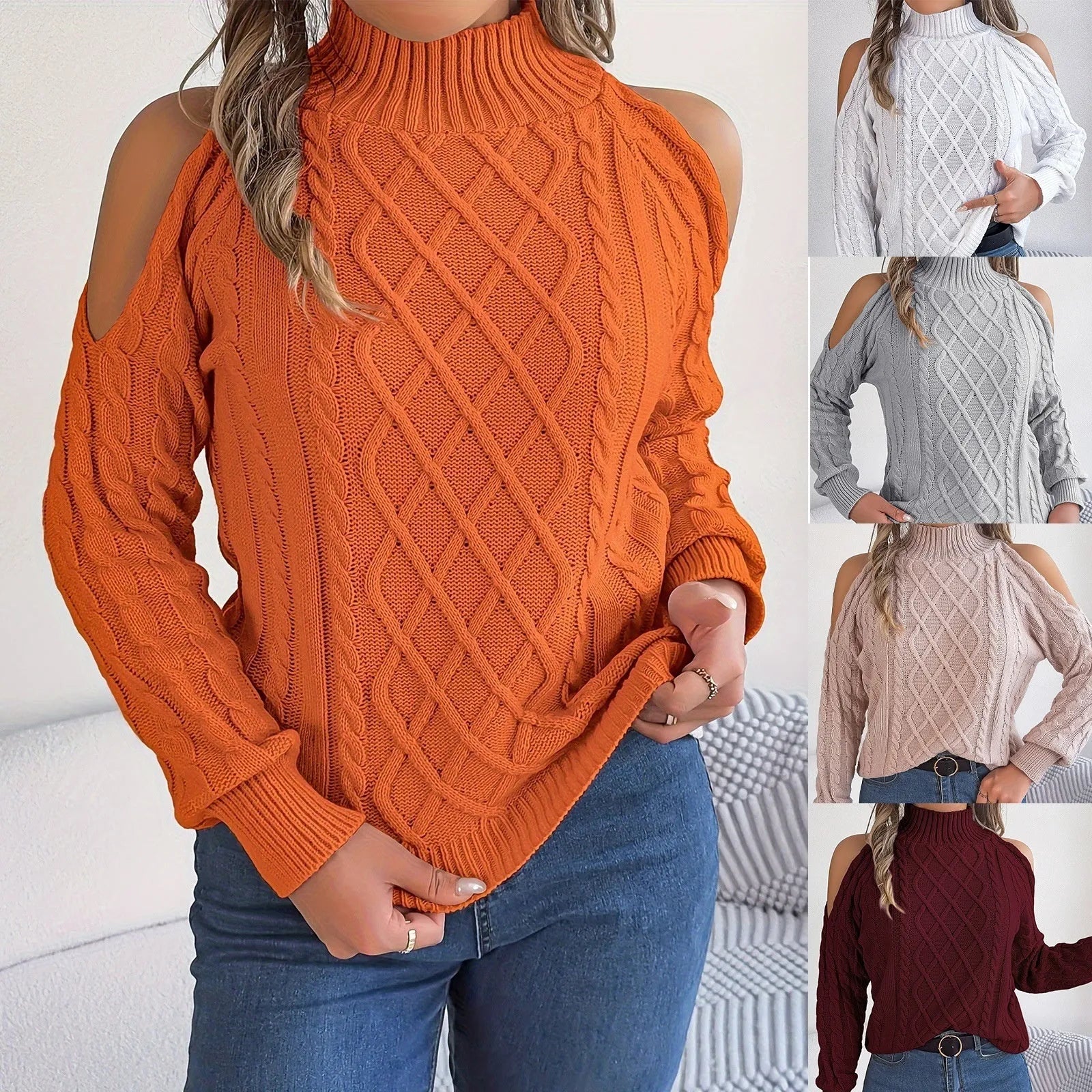 Women's twist strapless sweater with half-high collar and lantern sleeves in acrylic fabric