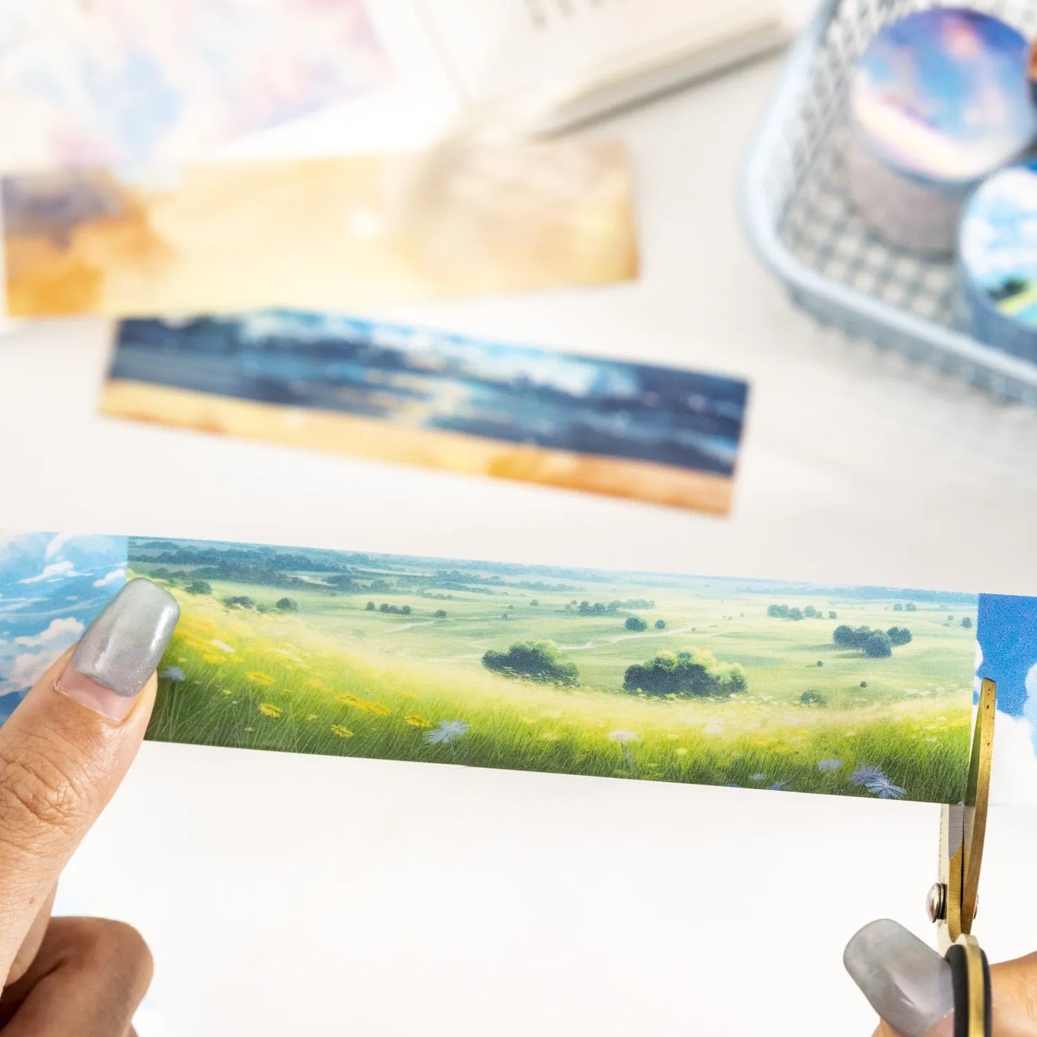 Roll of Japanese paper decorative tape with sky patterns including clouds and nebula, showing 30mm width.