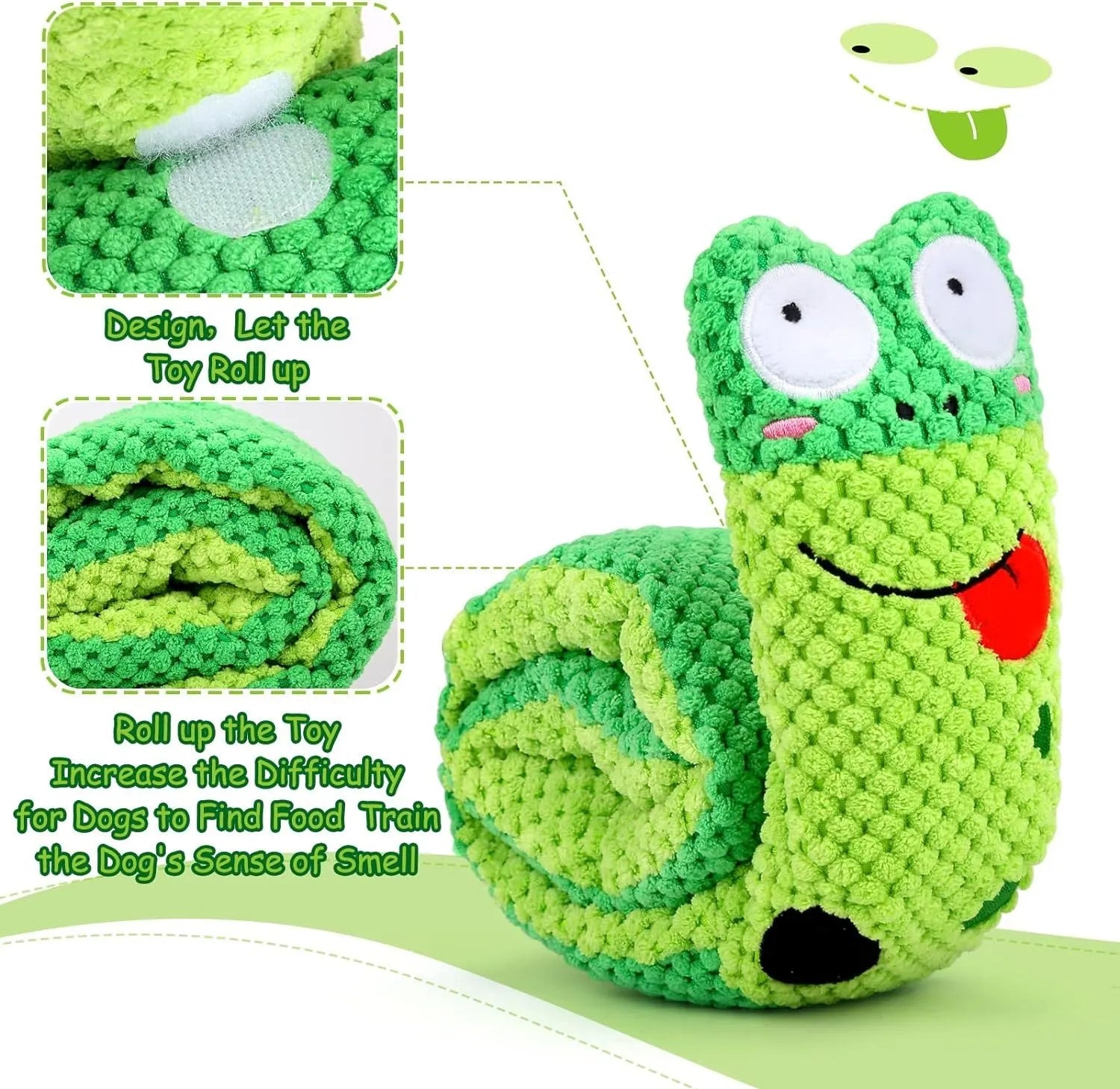 Squeak dog puzzle toy shown in snail and stick shapes with hidden food holes for foraging games
