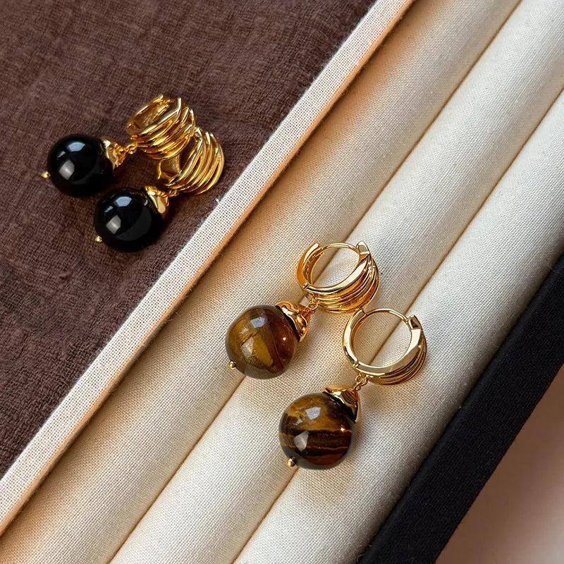 Geometric round Tigereye earrings with gold plating in brown and black colour options