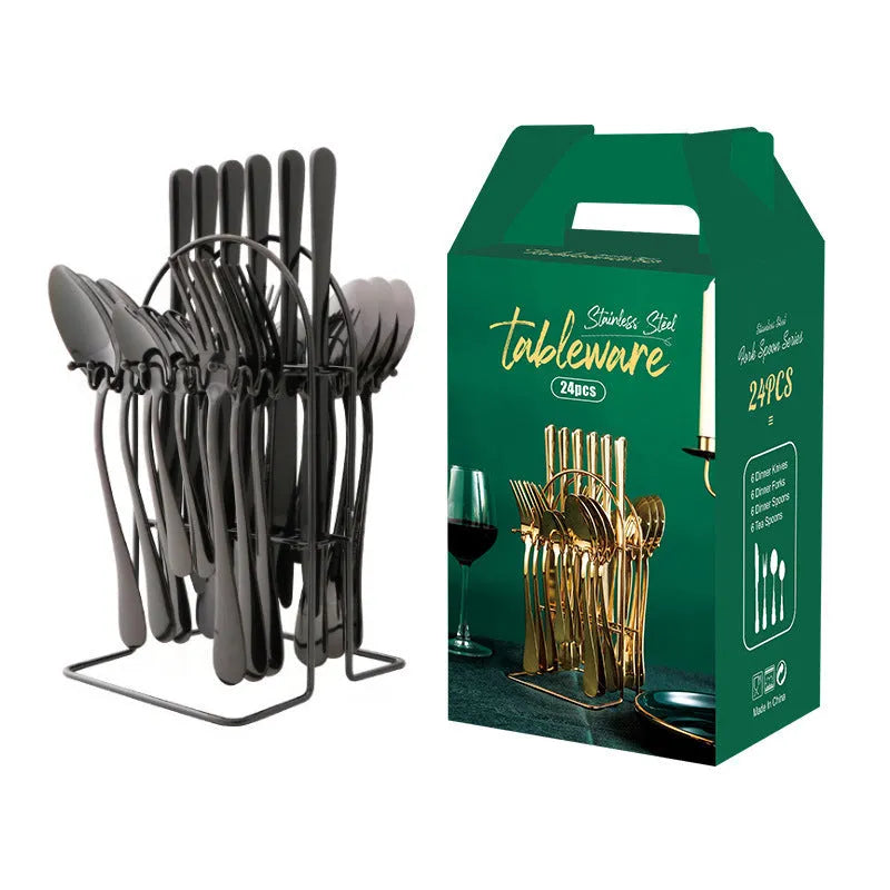 24-piece gold stainless steel dinnerware set with storage rack including knives forks spoons teaspoons