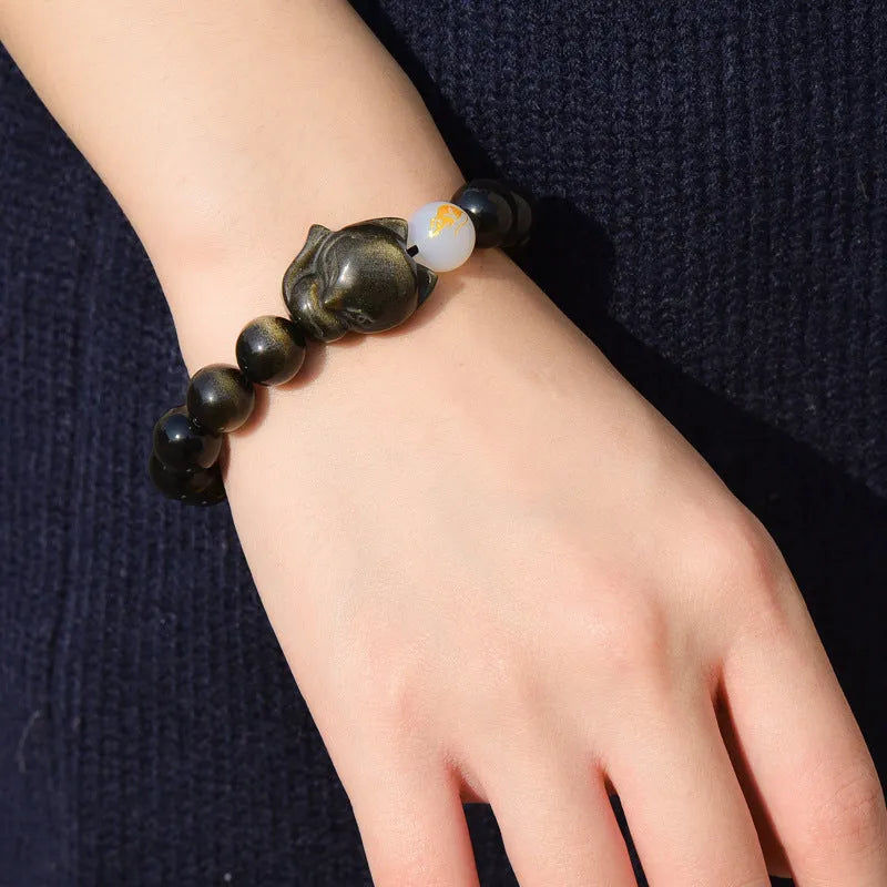 Natural obsidian bracelet zodiac guardian with 10mm beads in gold obsidian finish