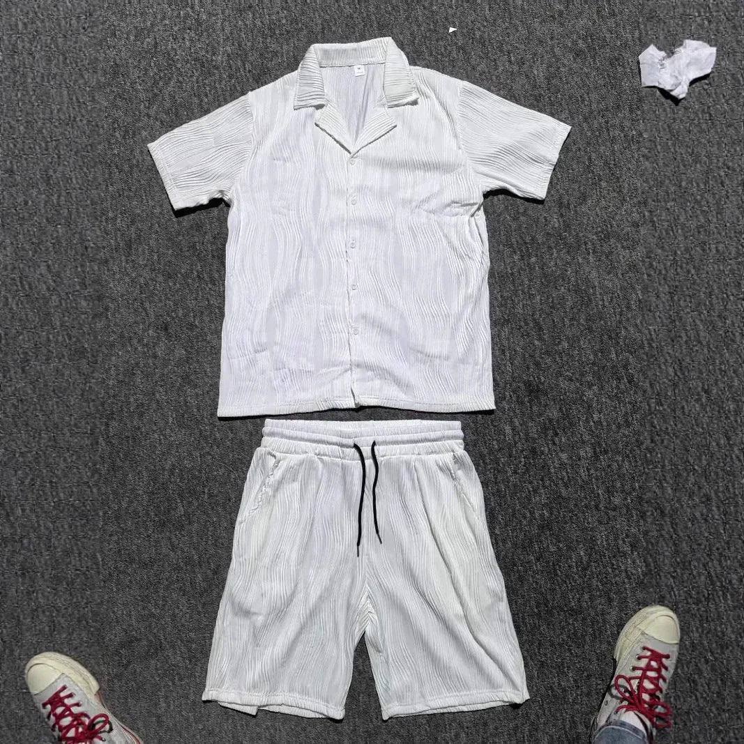 Men's wave pattern casual short sleeve shorts suit in black, cotton blend fabric, shown with matching top and shorts