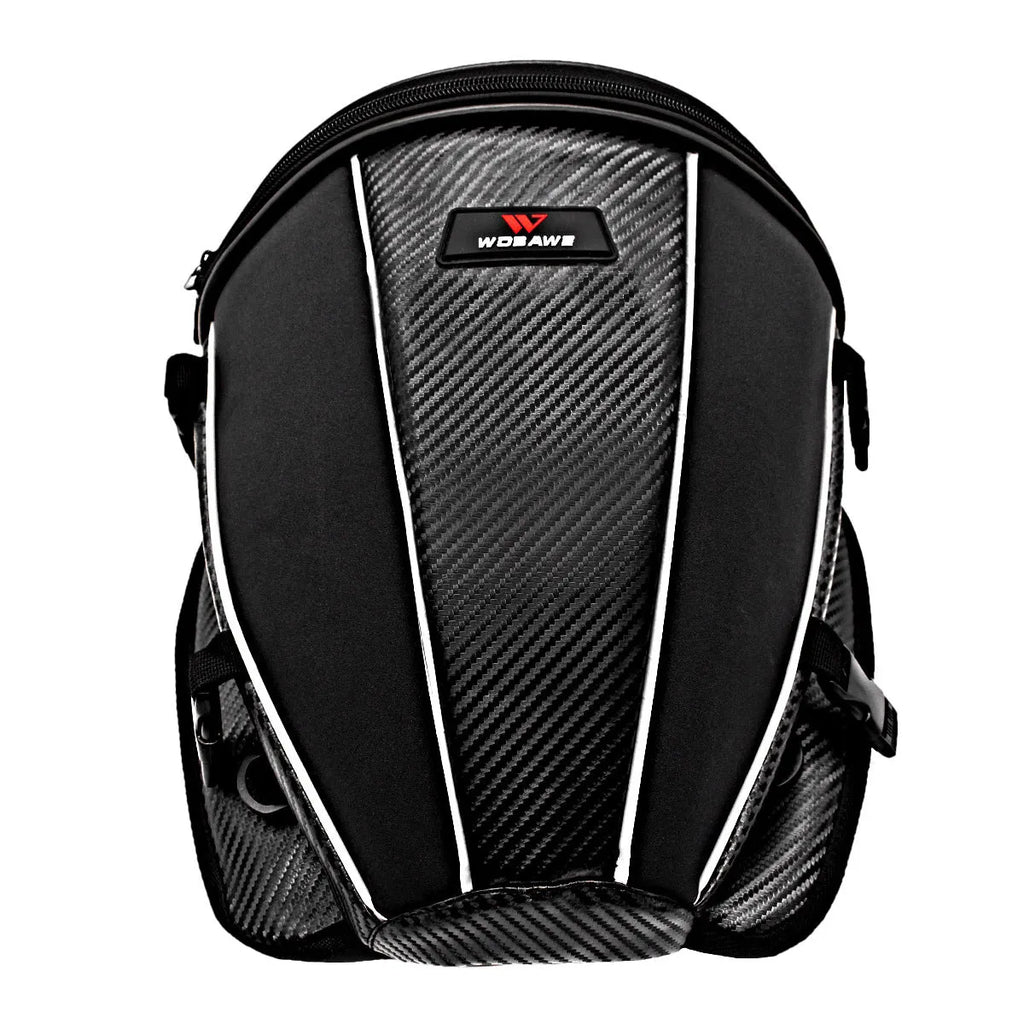 Black motorcycle fuel tank bag with reflective line, 15L capacity, PU and polyester construction