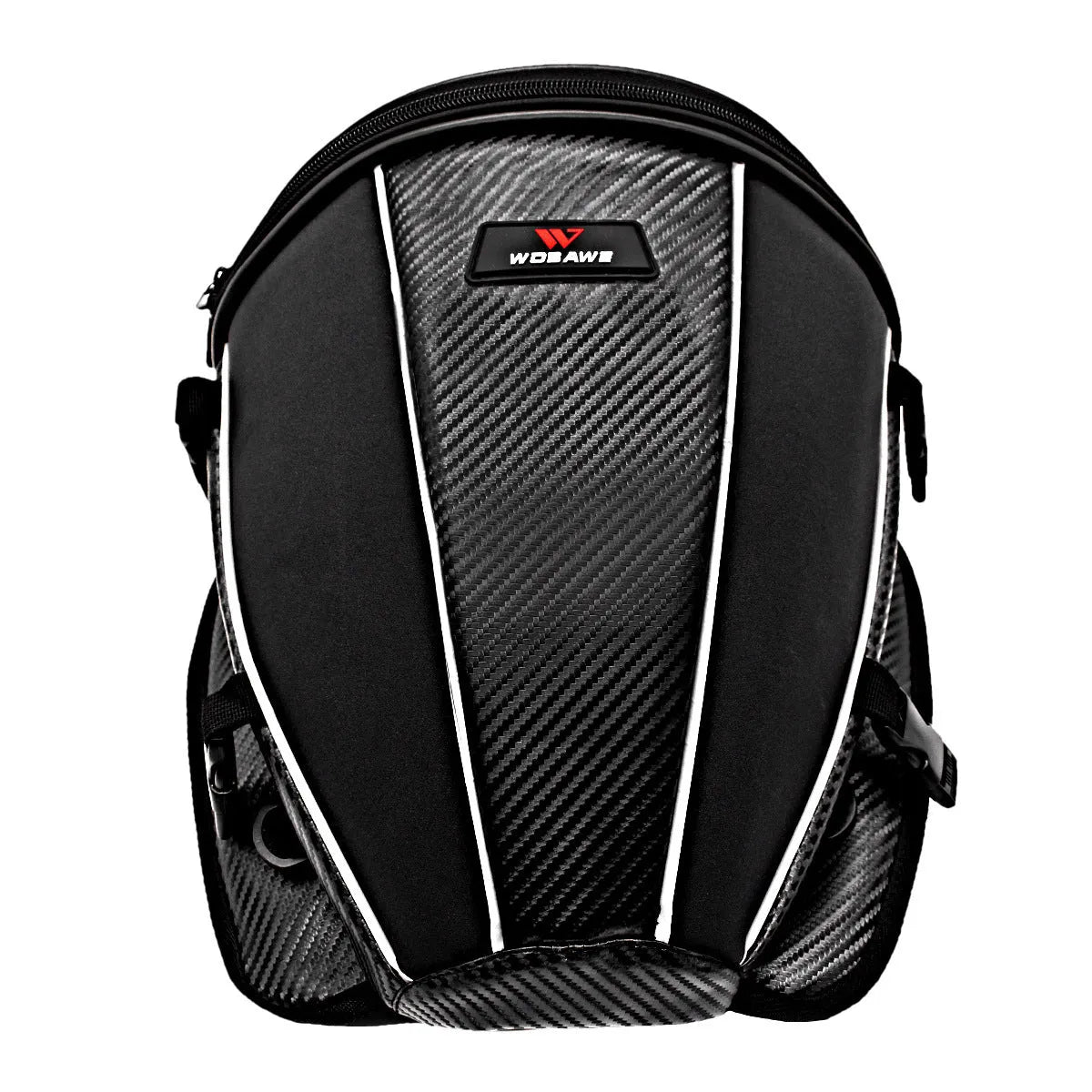 Black motorcycle fuel tank bag with reflective line, 15L capacity, PU and polyester construction