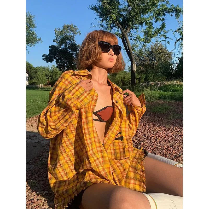 Dopamine yellow plaid shirt in loose cardigan style for men and women