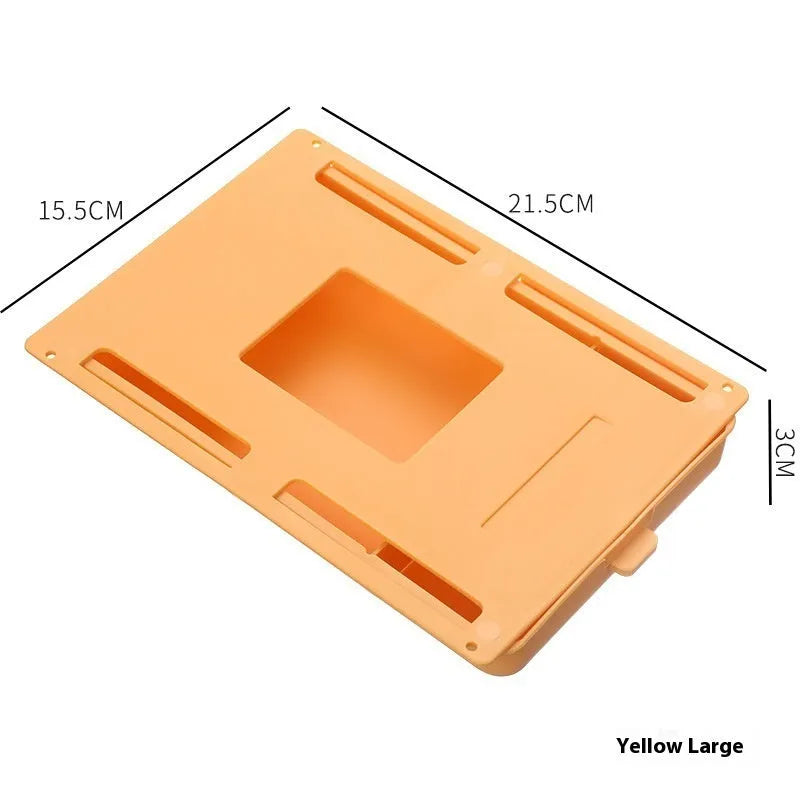 White plastic under-desk storage box with a lid open, showing an internal grid pattern.