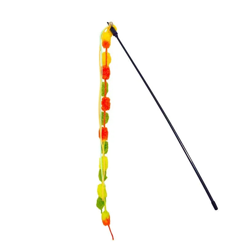 Rainbow cotton candy cat teaser with tassel and bell on lengthening bar, bite-resistant plush toy for indoor play