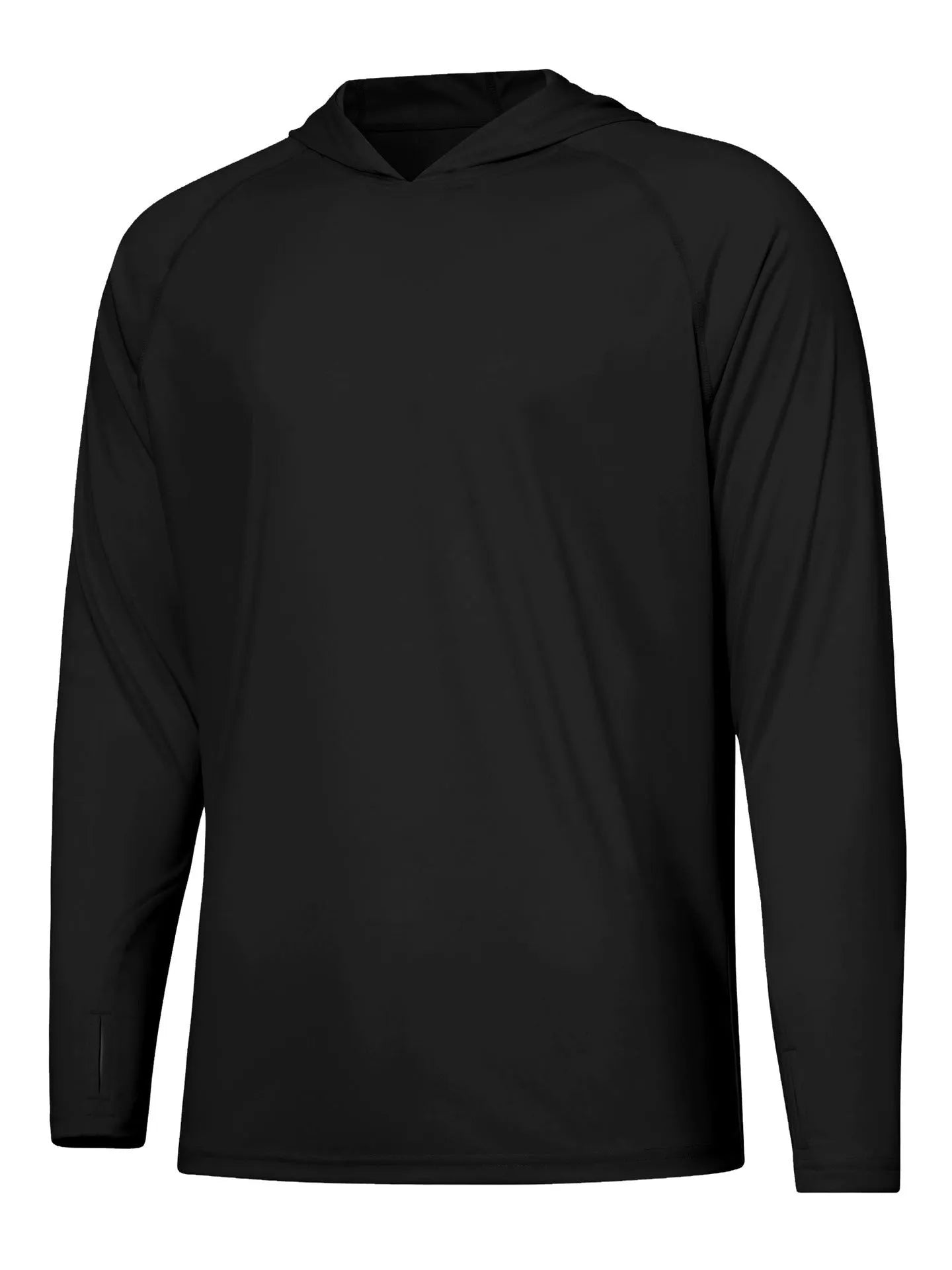 Outdoor UV protection long sleeve hooded thin top in solid colour, polyester fabric, with hood up.