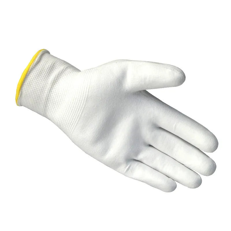 White PU coated labour gloves showing palm grip texture and 24 cm length.