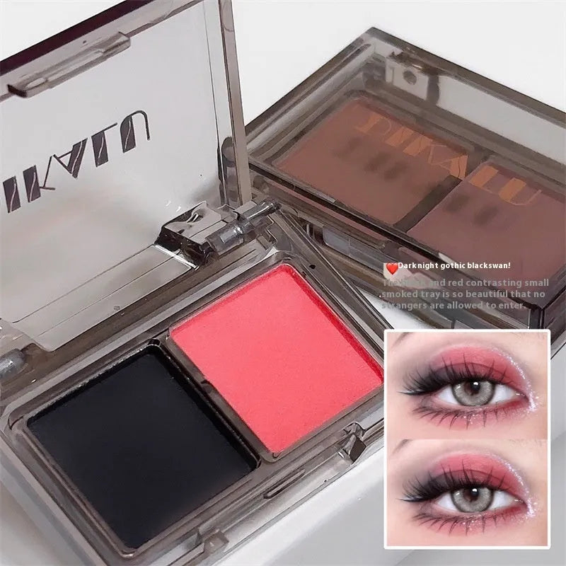 Two-tone eyeshadow plate showing five colour combinations including pink, brown, blue and black matte shimmer shades