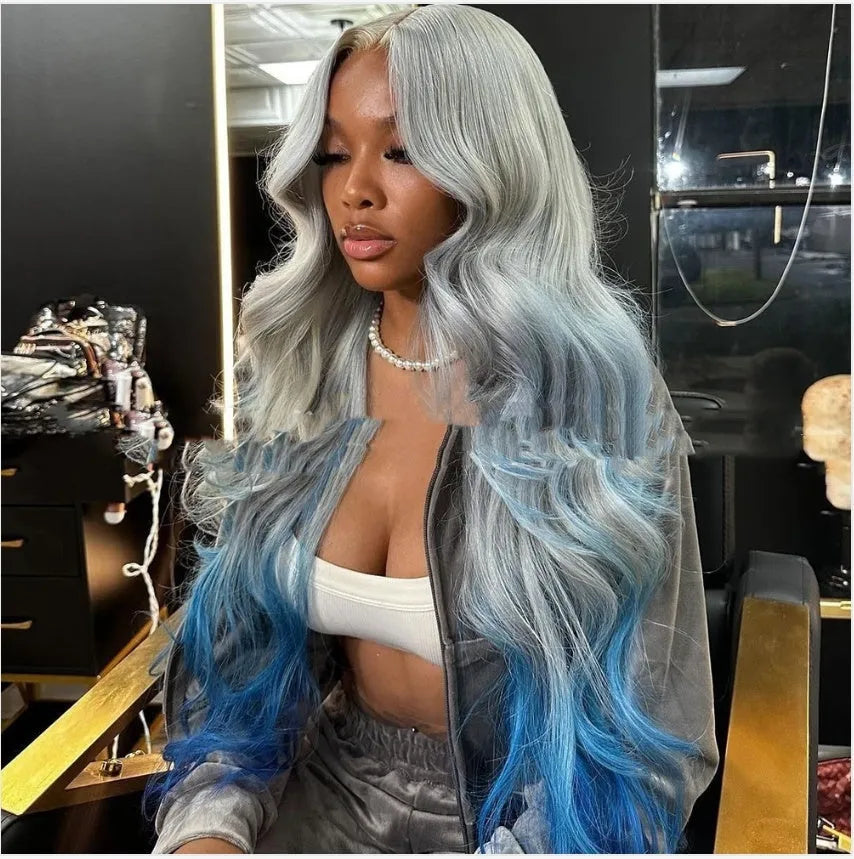Grey blue gradient lace front wig with 4x4 construction and length options