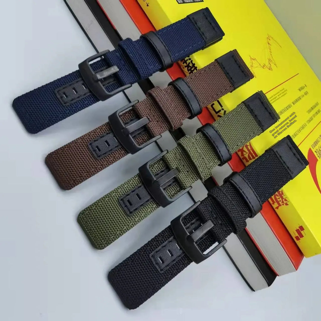 Oxford cloth watch strap in Army Green and Camouflage showing 20mm 22mm 24mm sizes