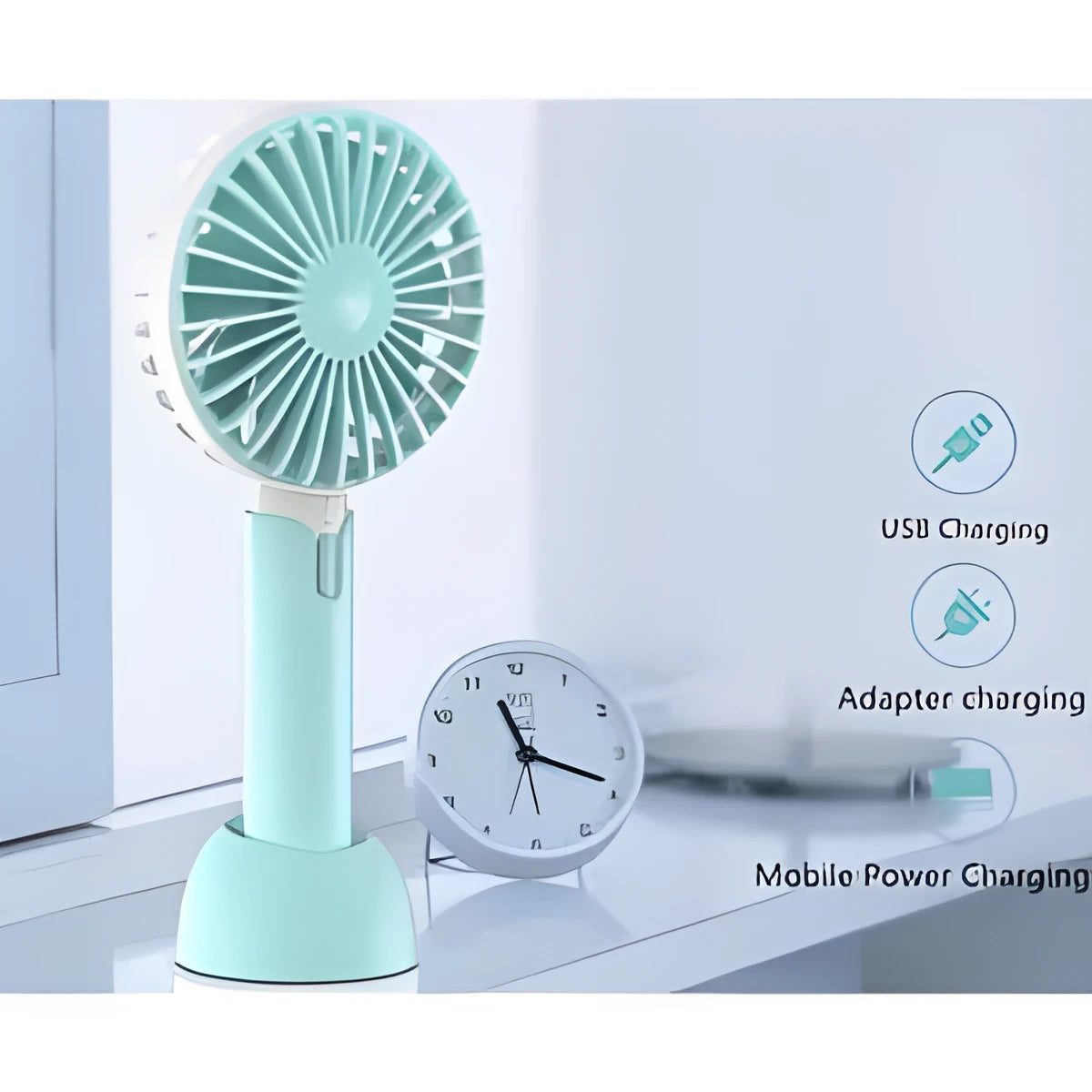 Blue handheld mini desktop USB fan with shaking head showing three-speed controls
