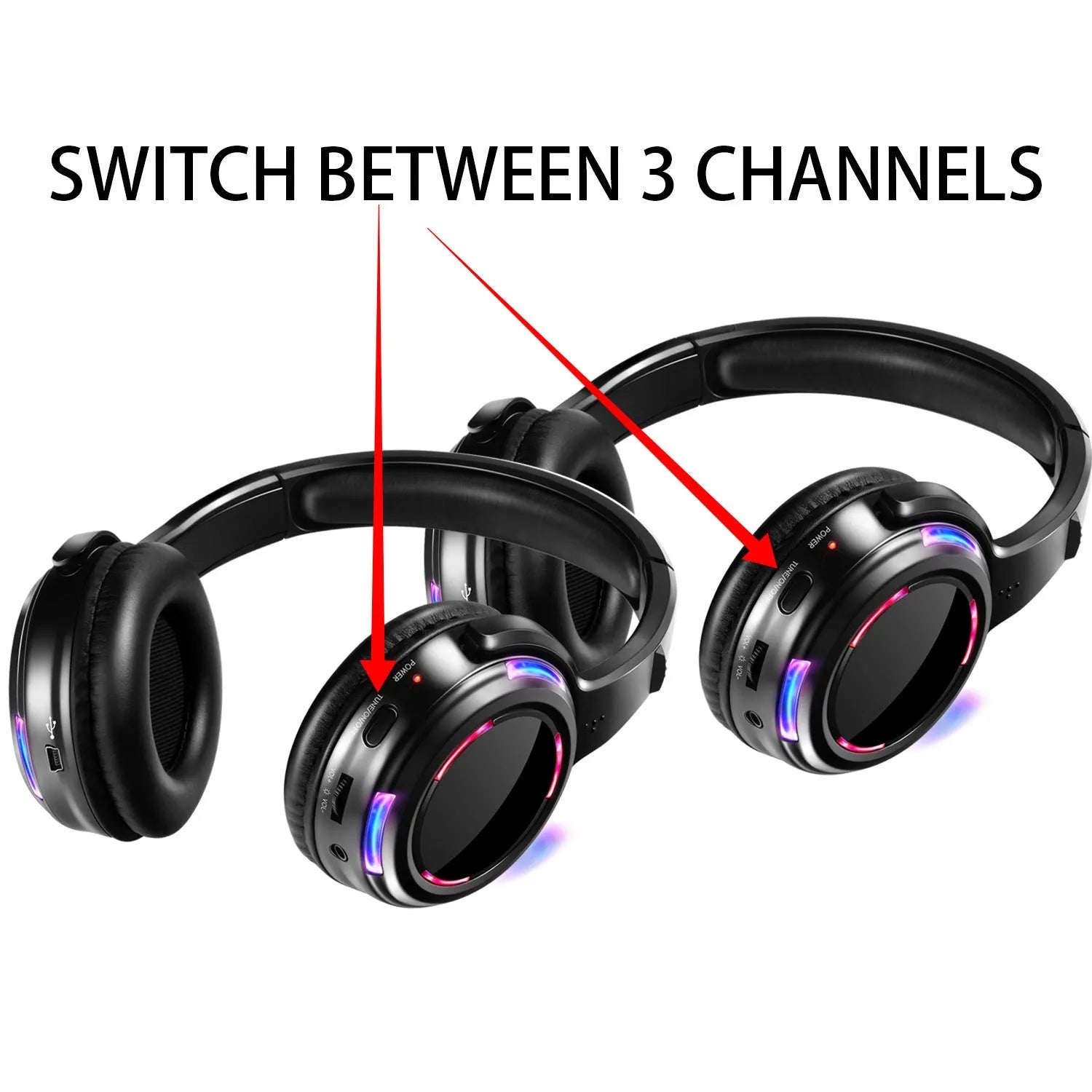 Black silent disco wireless headphones with over-ear design and 3.5mm plug