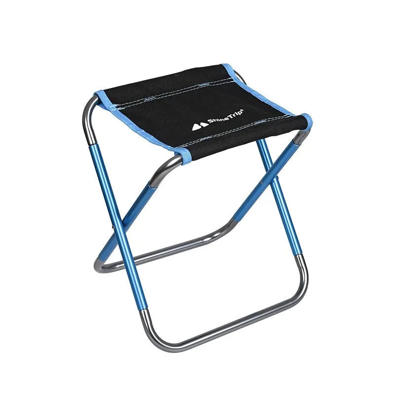 Black aluminium folding camping stool with ethnic patterning in folded and unfolded positions